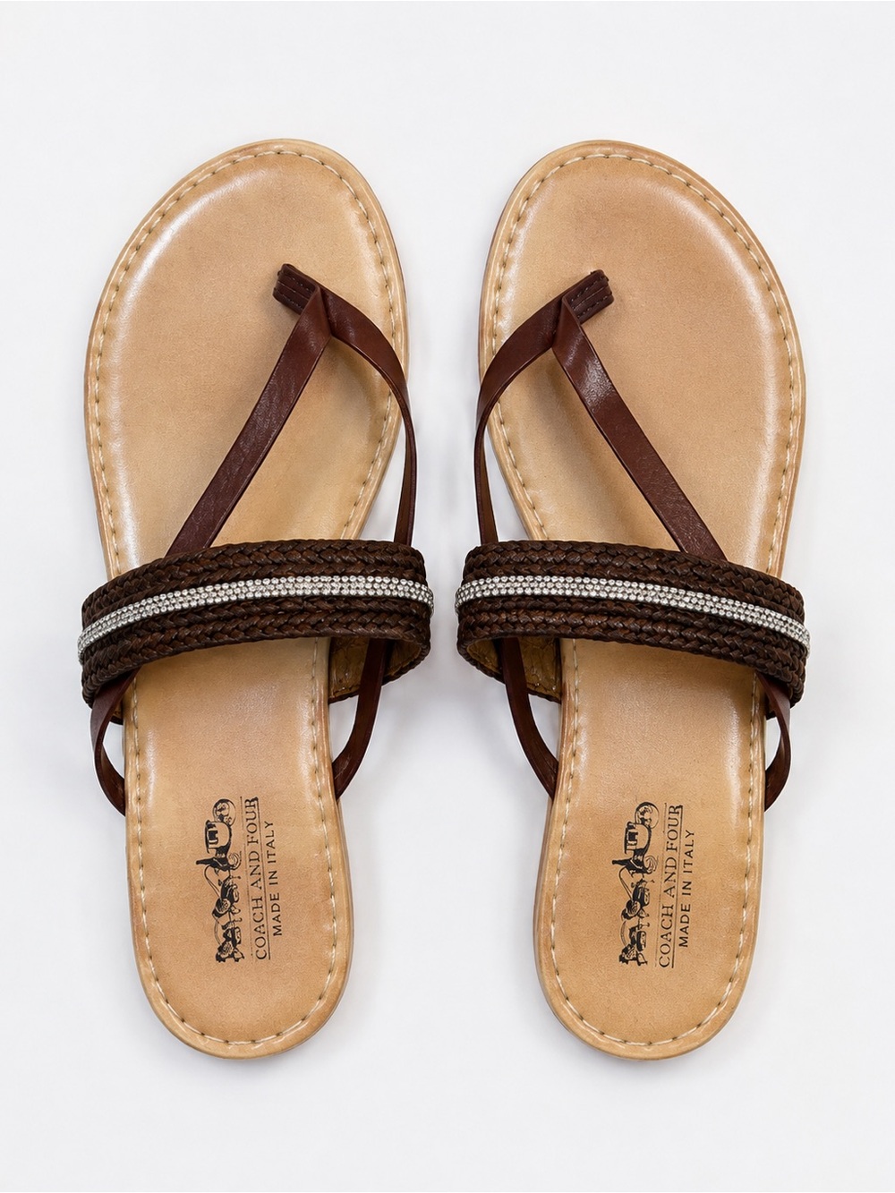 Coach and Four Leather Thong Sandals Brown Braided Rhinestone Italy Size 8.5